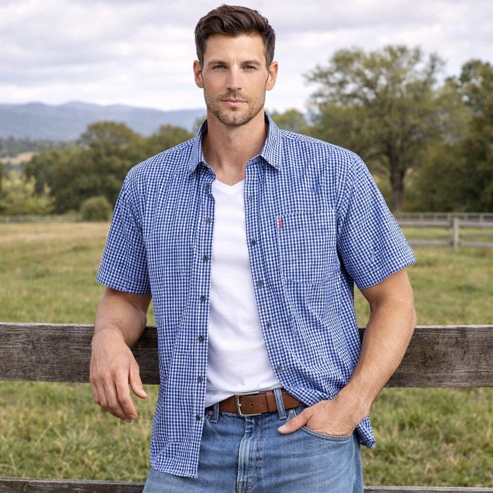 Cody James Western Wear Button Down Short Sleeve Shirt Mens XXL Blue White Plaid